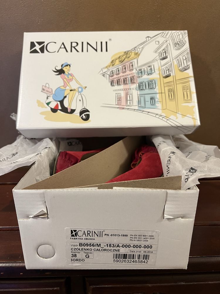 Nieużywane czółenka, nowe buty Carinii r. 38, bordo