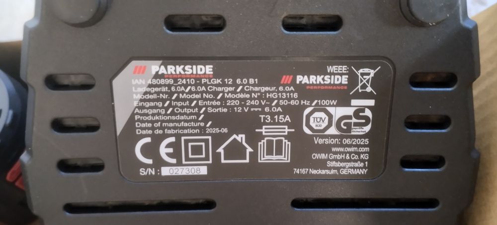 Carregador 6A e bateria 2,5 Ah Parkside Performance 12V