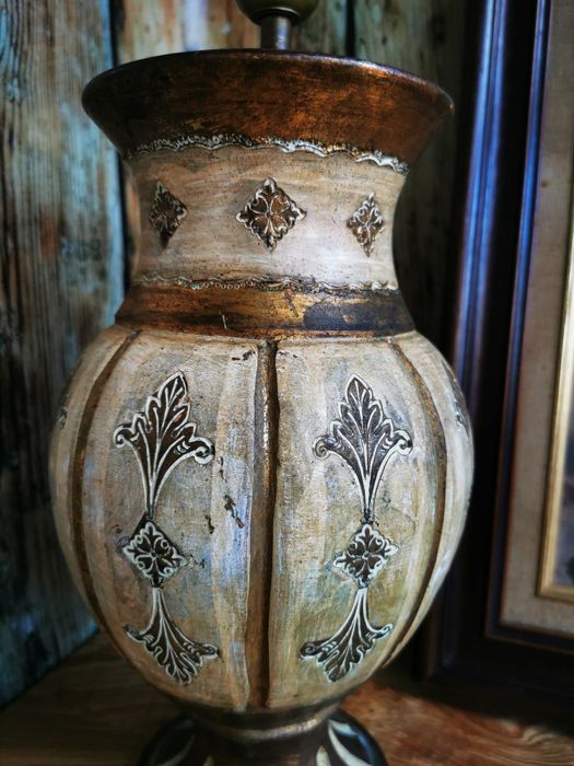 Lampa ceramiczna, zdobienia florenckie, ecru, złoto UNIKAT