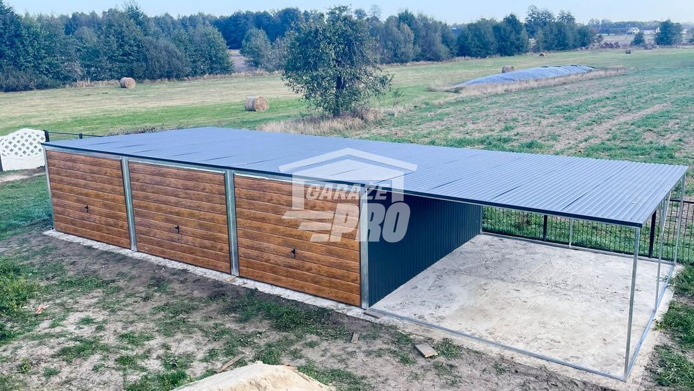 Garaż blaszany 9x6 + wiata 3x6 antracyt + jasny orzech   GP226
