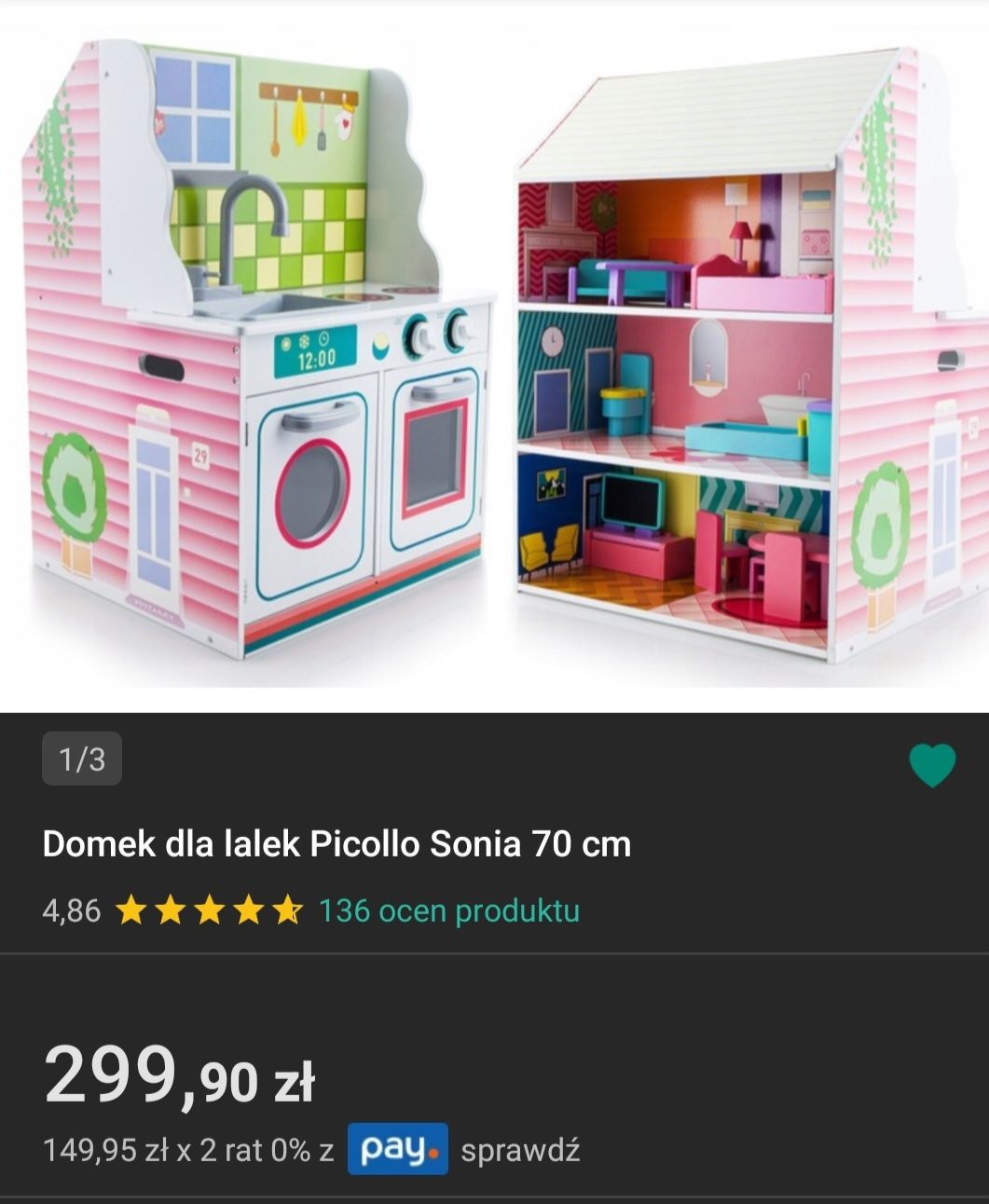 Domek 2w1 dla lalek Picollo Sonia 70 cm z kuchnią i mebelkami. duzy