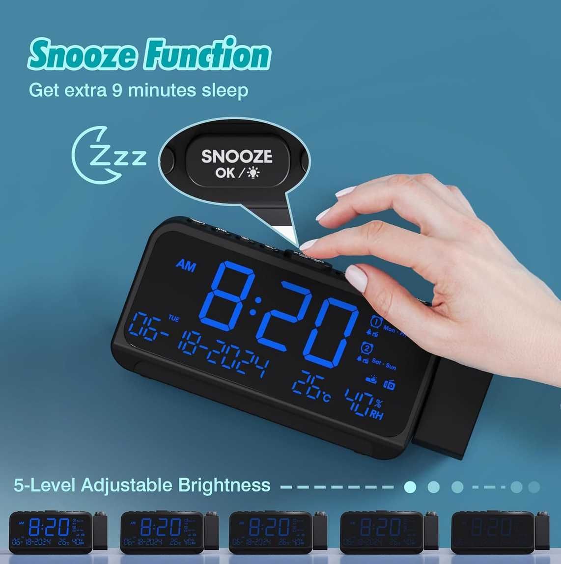 Alarm zegarek Radio CR1024 cyfrowe budzik projektor LED temperatura