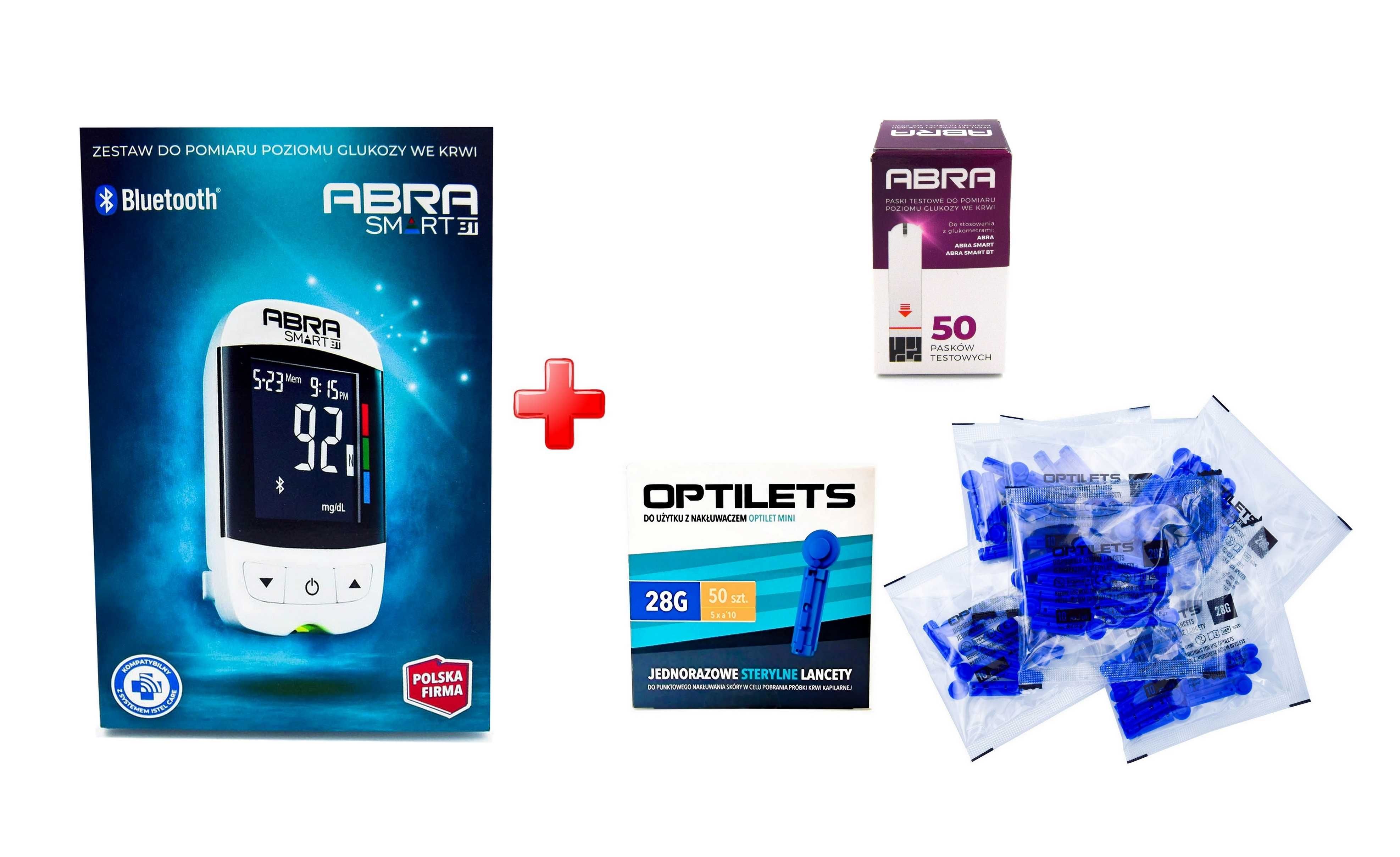 Glukometr Bluetooth ABRA SMART + 50 PASKÓW + 70 LANCETÓW – biały