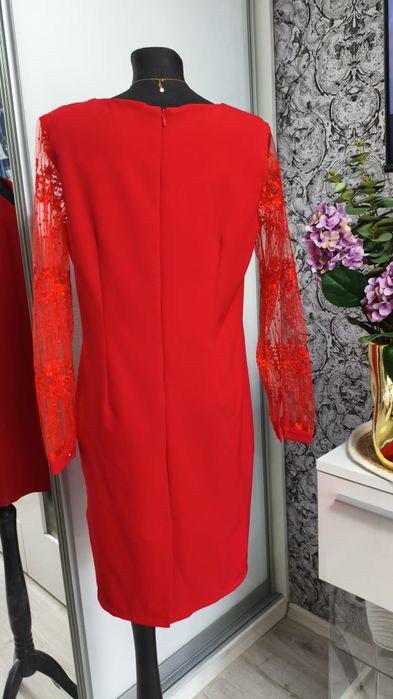 Sukienka elegancka damska midi  koronkowe długie tiulowe rękawy L moon