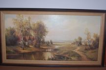 Obraz olej na dykcie G. Neswadba - Pejzaż wiejski - 50x100cm