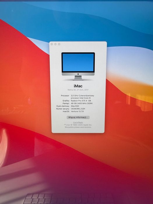 Apple iMac 27-calowy Retina 5K 2017 Intel i5 48GB RAM Stan Idealny