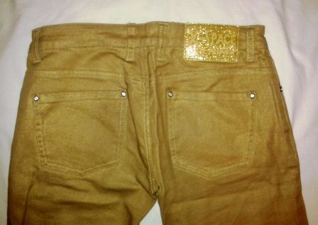 Spodnie 3/4 złote jeansowe z cyrkonikami.