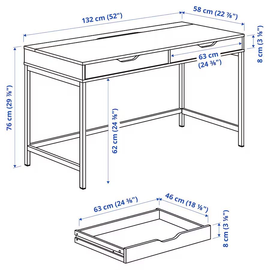 Duze biurko białe ikea alex z szufladami 132 x 58 cm