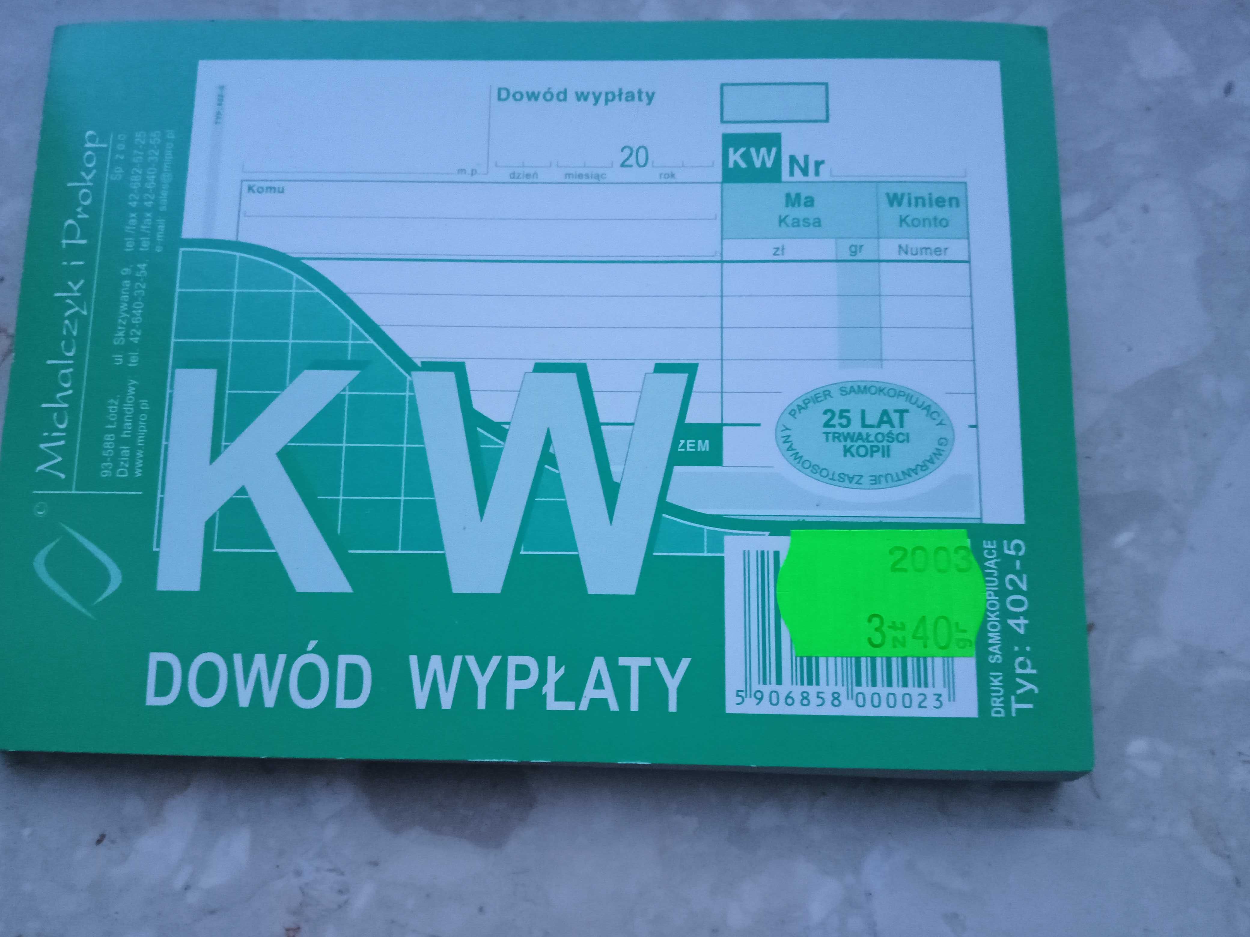 KW dowód wypłaty druki