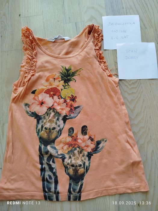 Pomarańczowa bluzka bez rękawów koszulka żyrafy żyrafa H&M 110/116