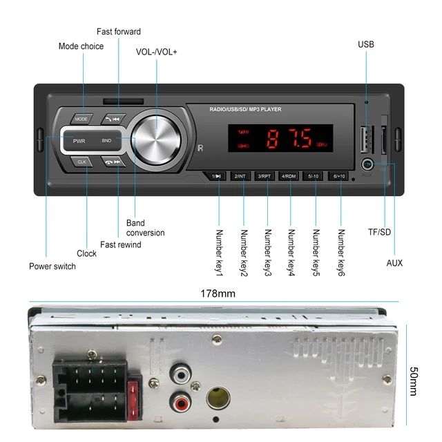 Rádio 1din Bluetooth 5.0 USB FM AUX porta ISO NOVO