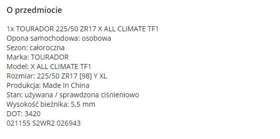 1x TOURADOR 225/50 ZR17 X ALL CLIMATE TF1 Y XL [5.5mm]