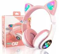 Słuchawki Nauszne Dla Dzieci Bluetooth LED RGB Kocie Uszy Różowe