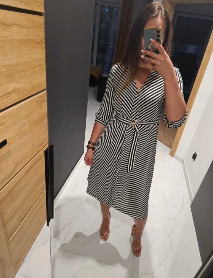 H&M midi elegancka i na cidzien sukienka koszulowa w paski 38