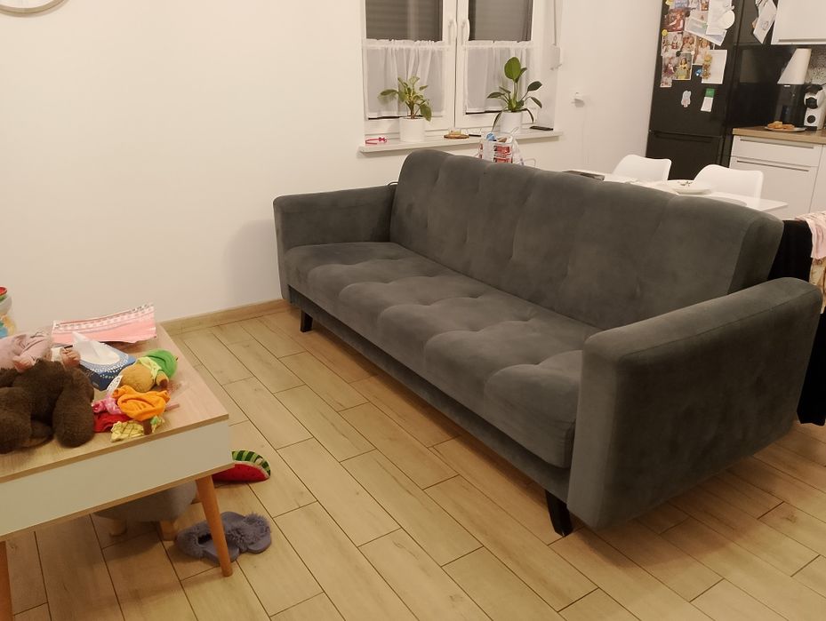Kanapa z funkcją spania szara welur