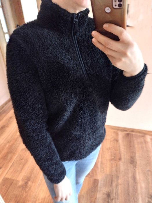 Polar bluza czarna futerko na stójce zamek misio teddy puszysty S