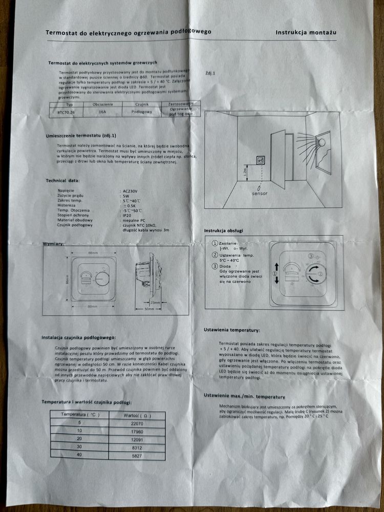 Termostat firmy Acurel, do Ogrzewania Podłogowego / Maty Grzewczej