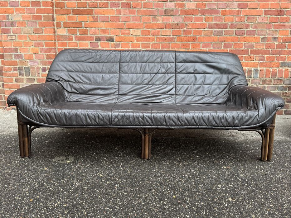 Brutalistyczna skórzana sofa z fotelem,rattanowy stelaż,lata70.vintage