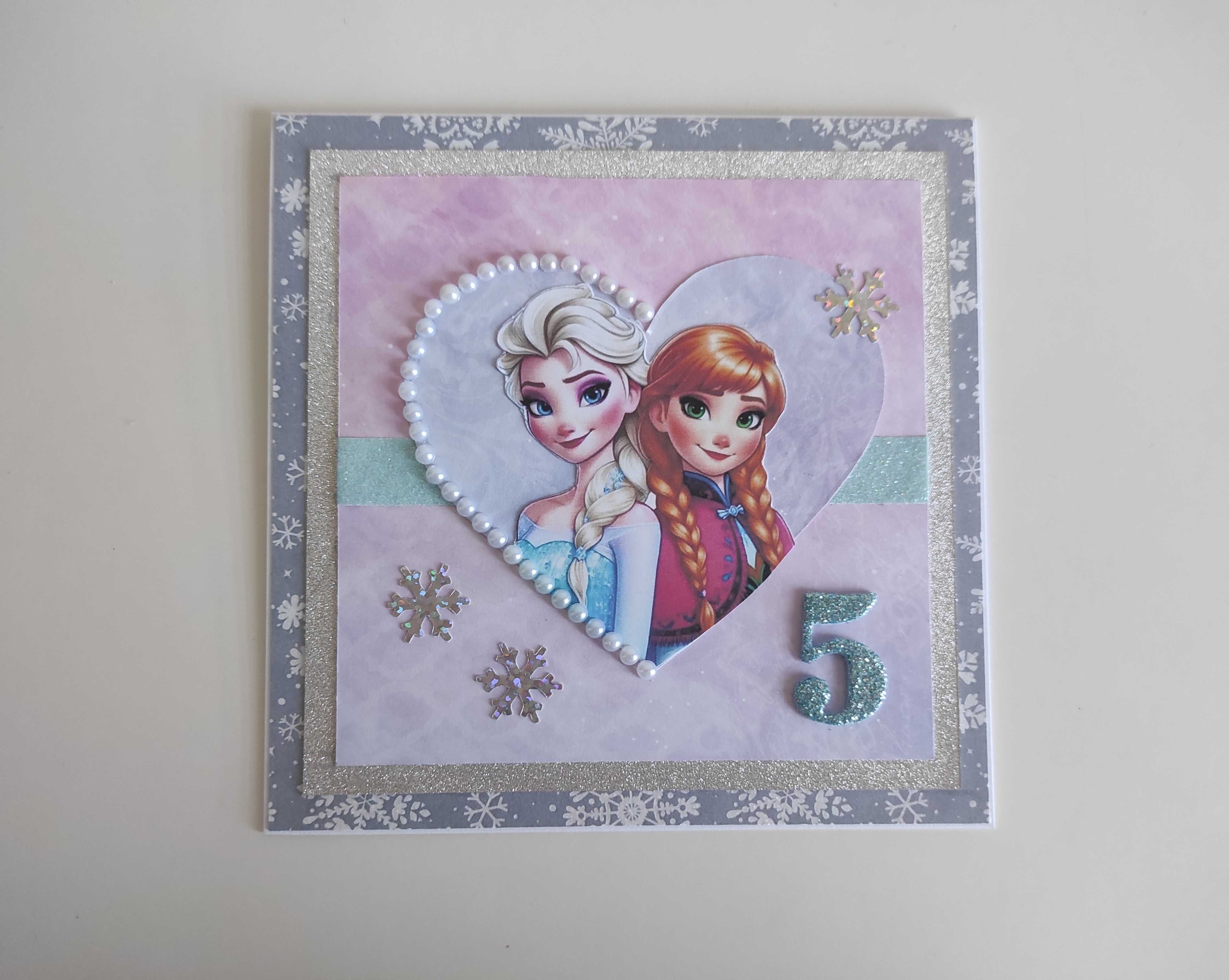 Kartka ręcznie robiona na urodziny Kraina Lodu Anna i Elsa