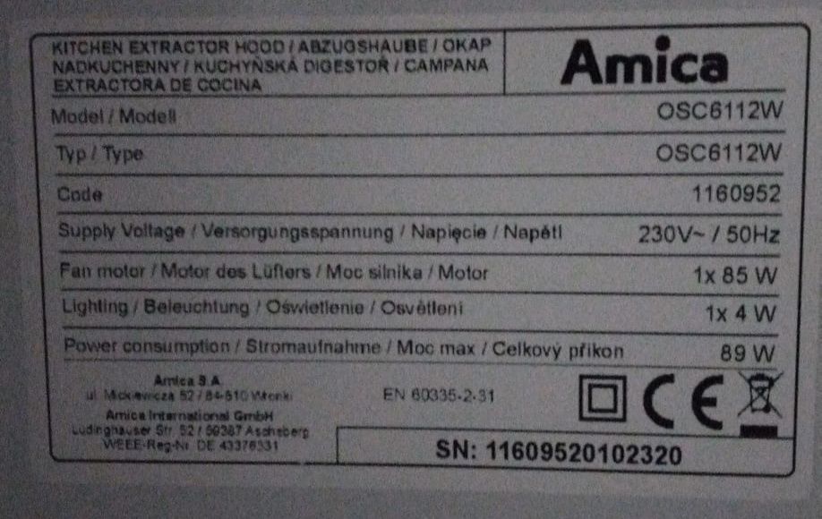 Pilnie sprzedam Okap podszafkowy, pochłaniacz kuchenny, Amica OSC6112w