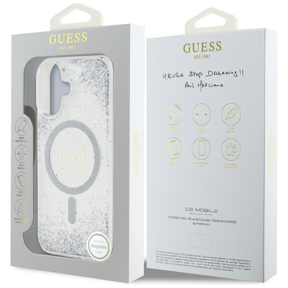 Etui Guess HC Resin Bottom Glitter do    iPhone 16 MagSafe srebrny