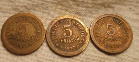Vendo três moedas de 5 centavos 1924;1925;1927 bom estado