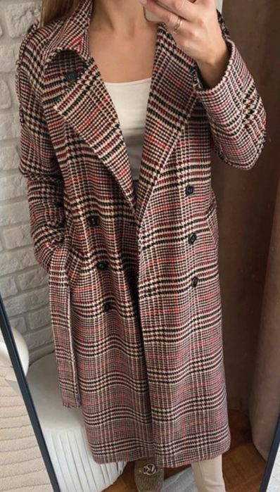 Bik bok płaszcz dwurzędowy klasyczny w kratę kratkę beżowy xs burgund