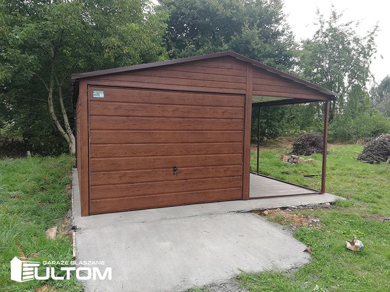 Garaż blaszany drewnopodobny z wiatą profil zamknięty