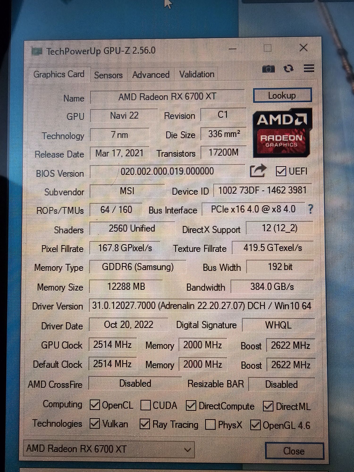 MSI AMD Radeon 6700xt 12Gb