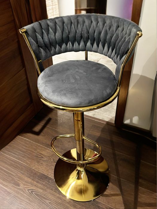 NOWY Hoker Welurowy pleciony szary złoty regulowany krzesło