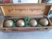 Vintage French bronze Petanque Boules with a Wooden Case