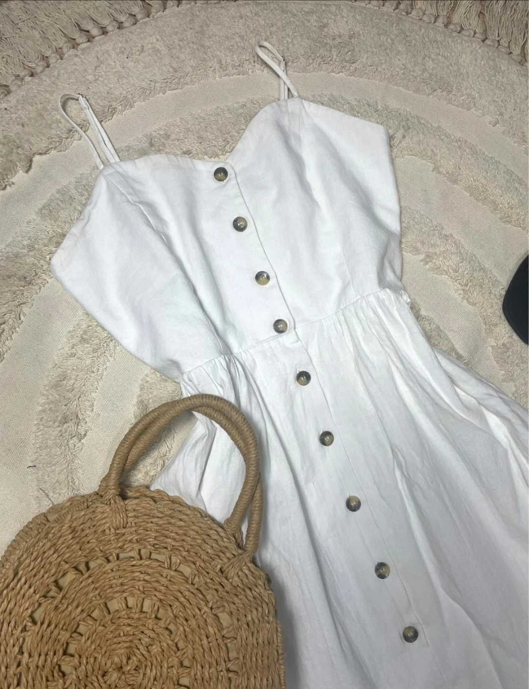 H&M dluga biala midi sukienka lniana na lato len bawelna