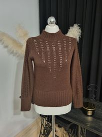 Sweter brązowy stójka pleciony 36 S ażurowy moda półgolf jesień zima