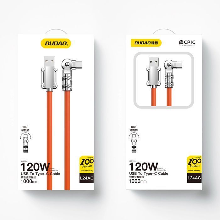 Kabel kątowy USB - USB C 120W rotacja 180° Dudao 120W 1m pomarańczowy