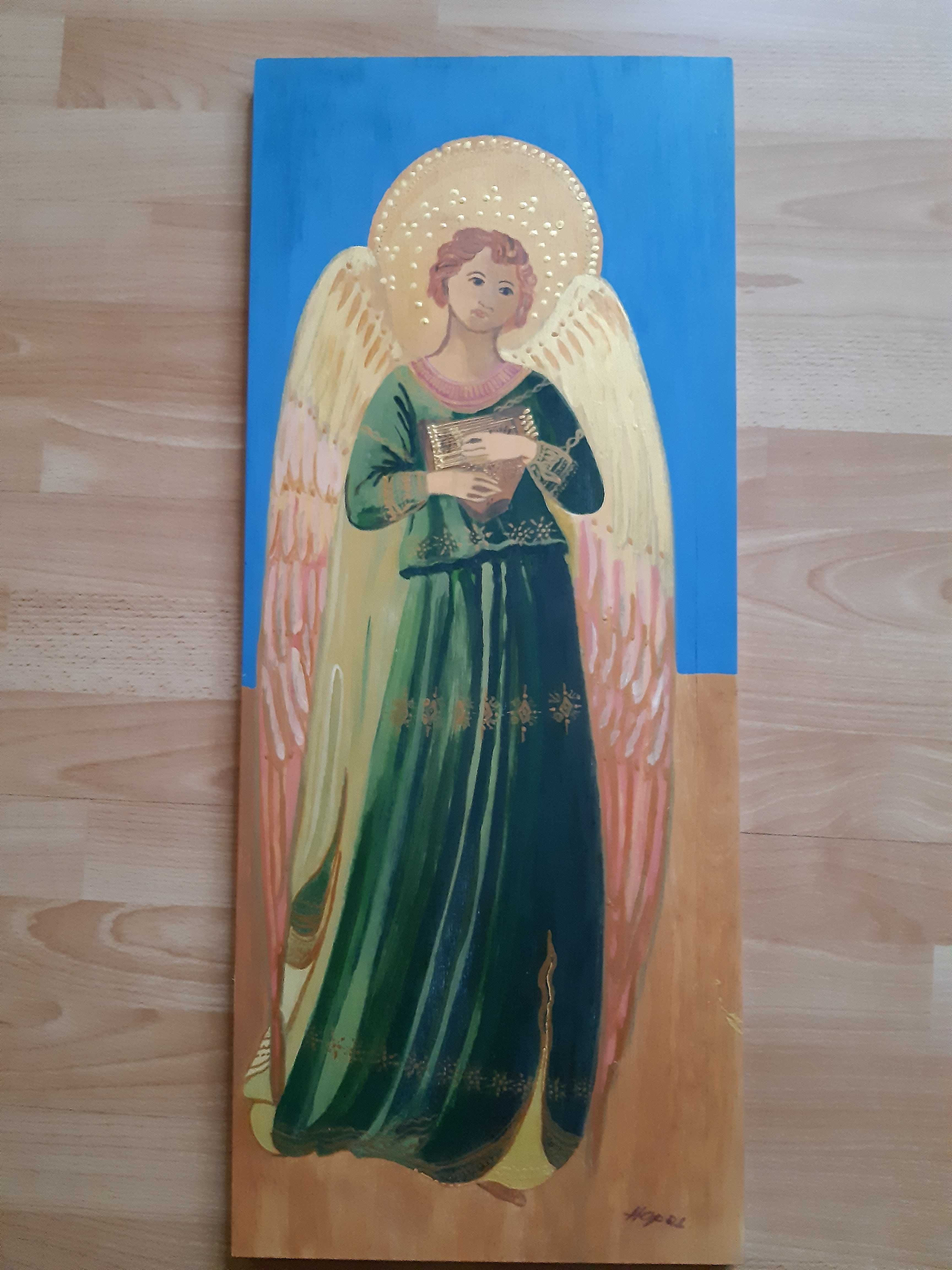 Ikona aniołka, malowana na desce
