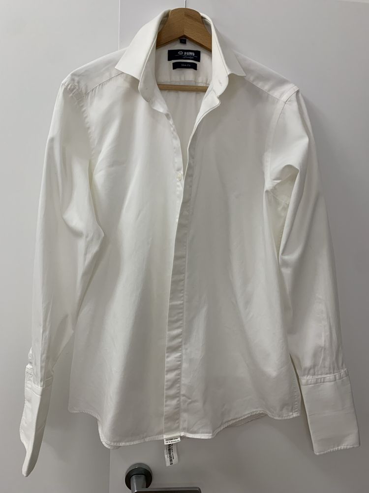 3 Koszule męskie ślubne na spinki PAWO 40 śmietankowa Viviana slim fit