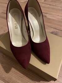 Burgundowe buty na obcasie, zamsz, 37