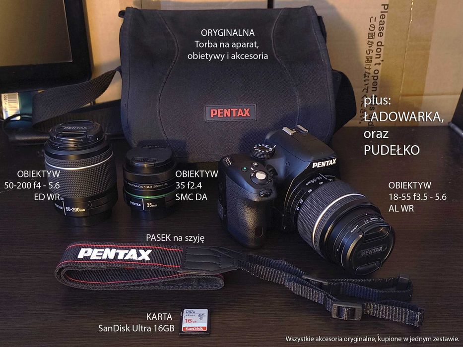 Pentax K-50 + 3 obiektywy - 18-55, 50-200, 35 f2.4 + torba Pentax