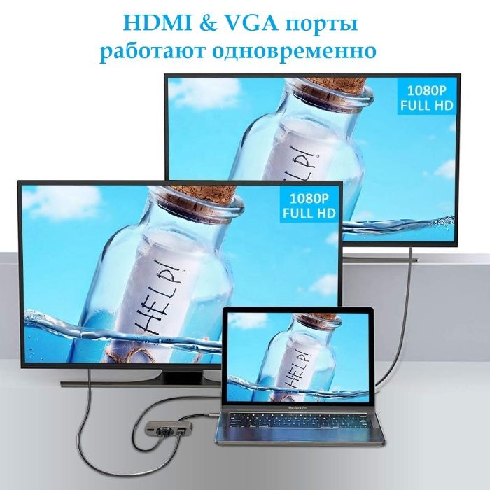 2 монитора! Адаптер 5в1 Type-C to HDMI, VGA, 3.5mm, USB 3.0, Charging