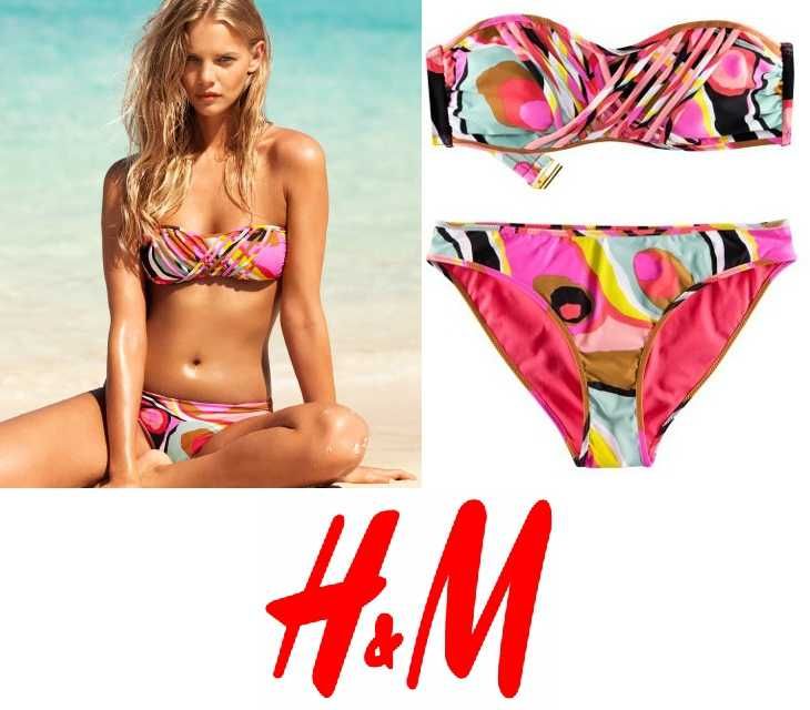 Różowy strój kąpielowy we wzory - komplet bikini h&m 34 xs