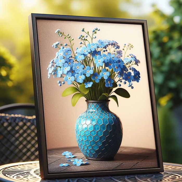 Obraz „Niezapominajki w wazonie” 21×30 cm – wyjątkowa ozdoba wnętrza