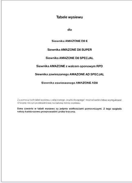 Tabele wysiewu Amazone D8 w języku polskim