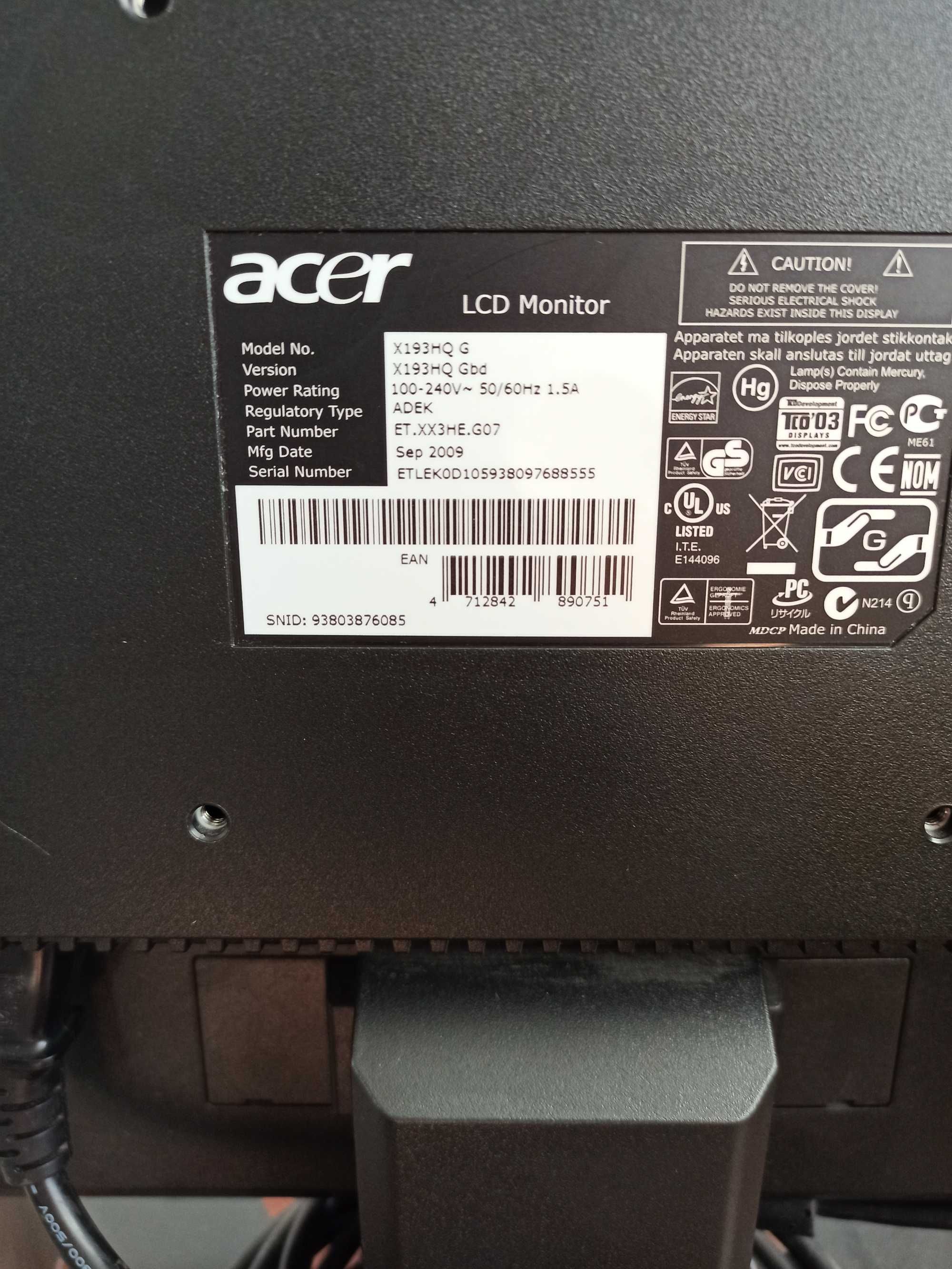 Продам монитор Acer lcd monitor x193h