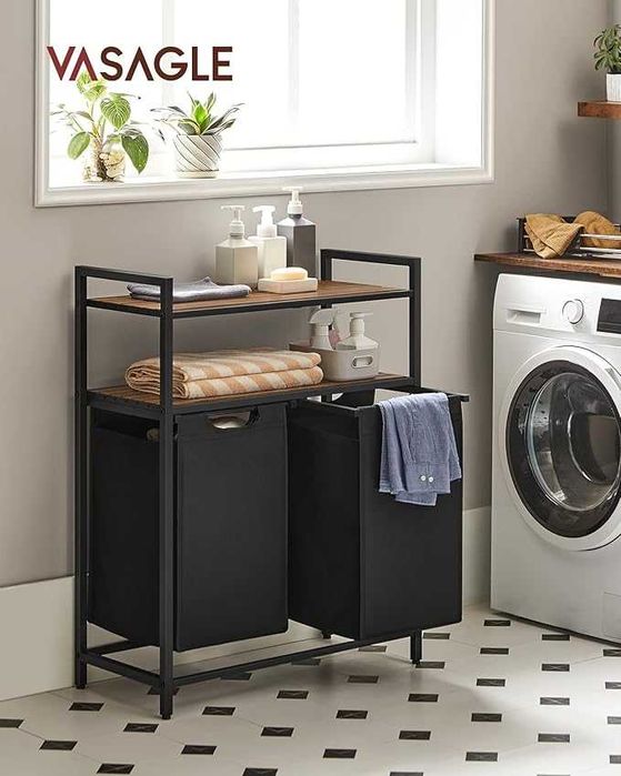 VASAGLE kosz na pranie, zbieracz prania, 2 przedziały, 2 półki