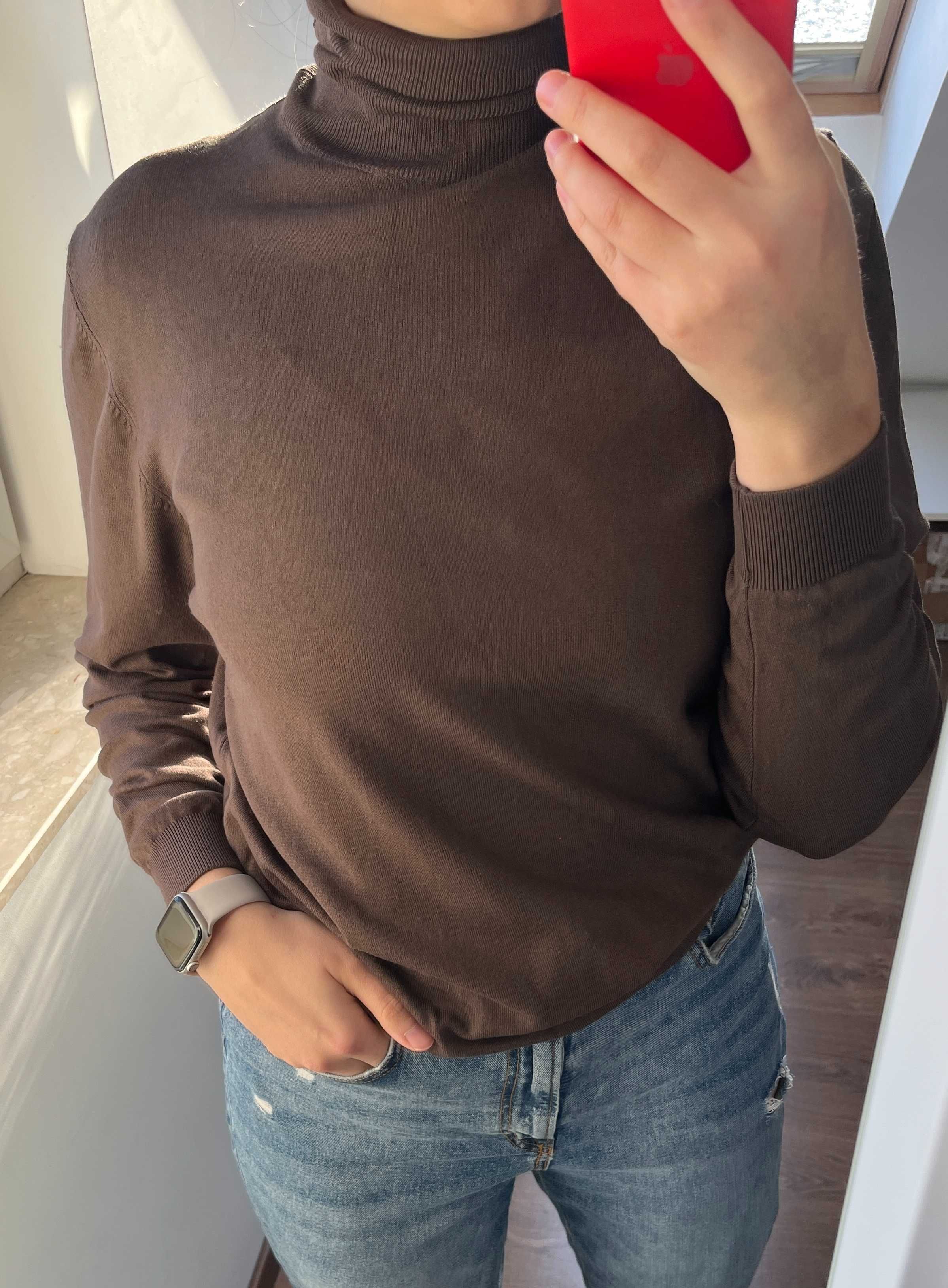 ZARA Wiskozowy Sweter z Golfem Rozmiar L Czekoladowy brąz