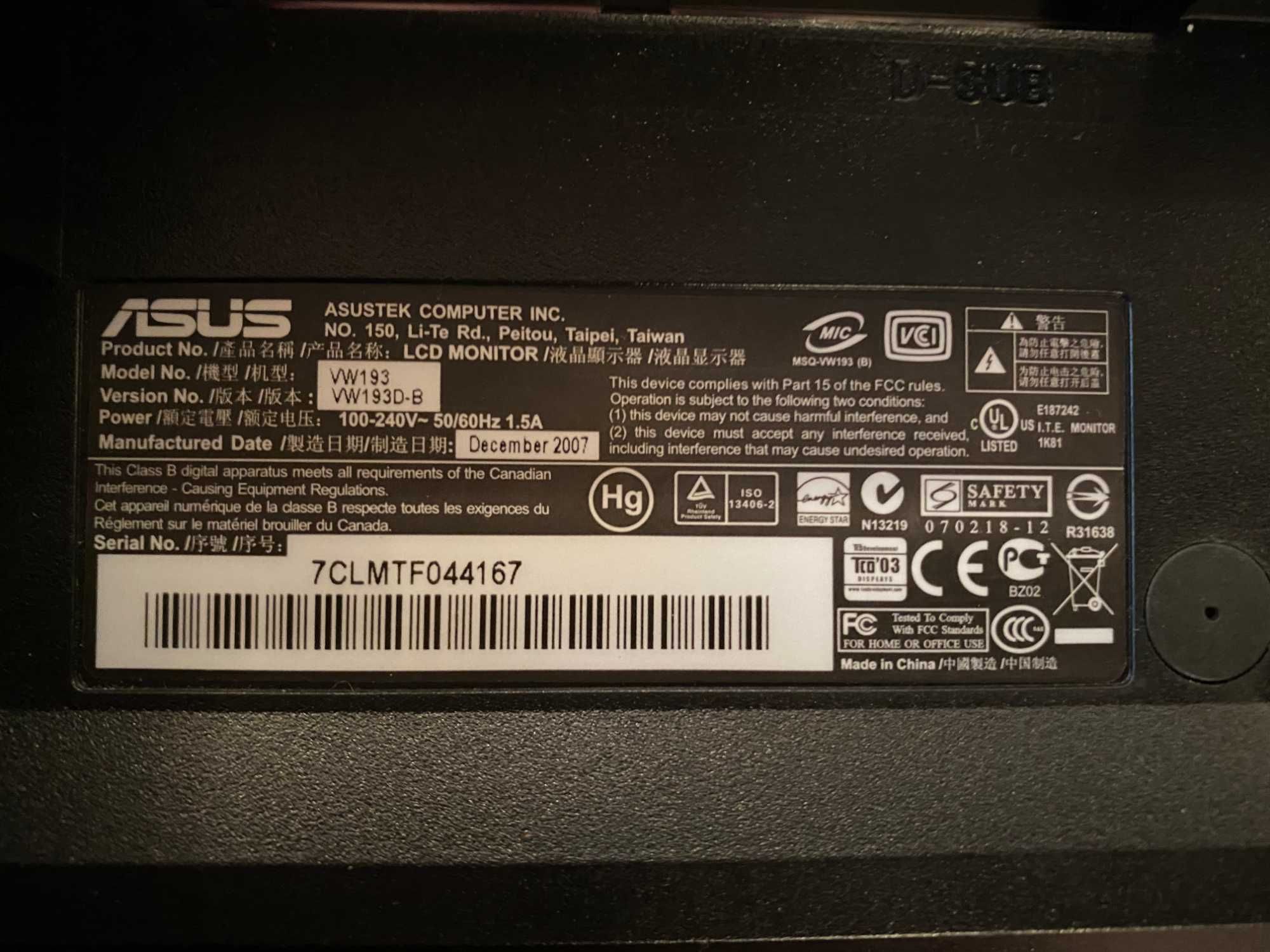 Monitor Asus VGA VW193D