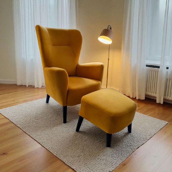 Fotel uszak z podnóżkiem Next żółty, jak nowy.Okazja.