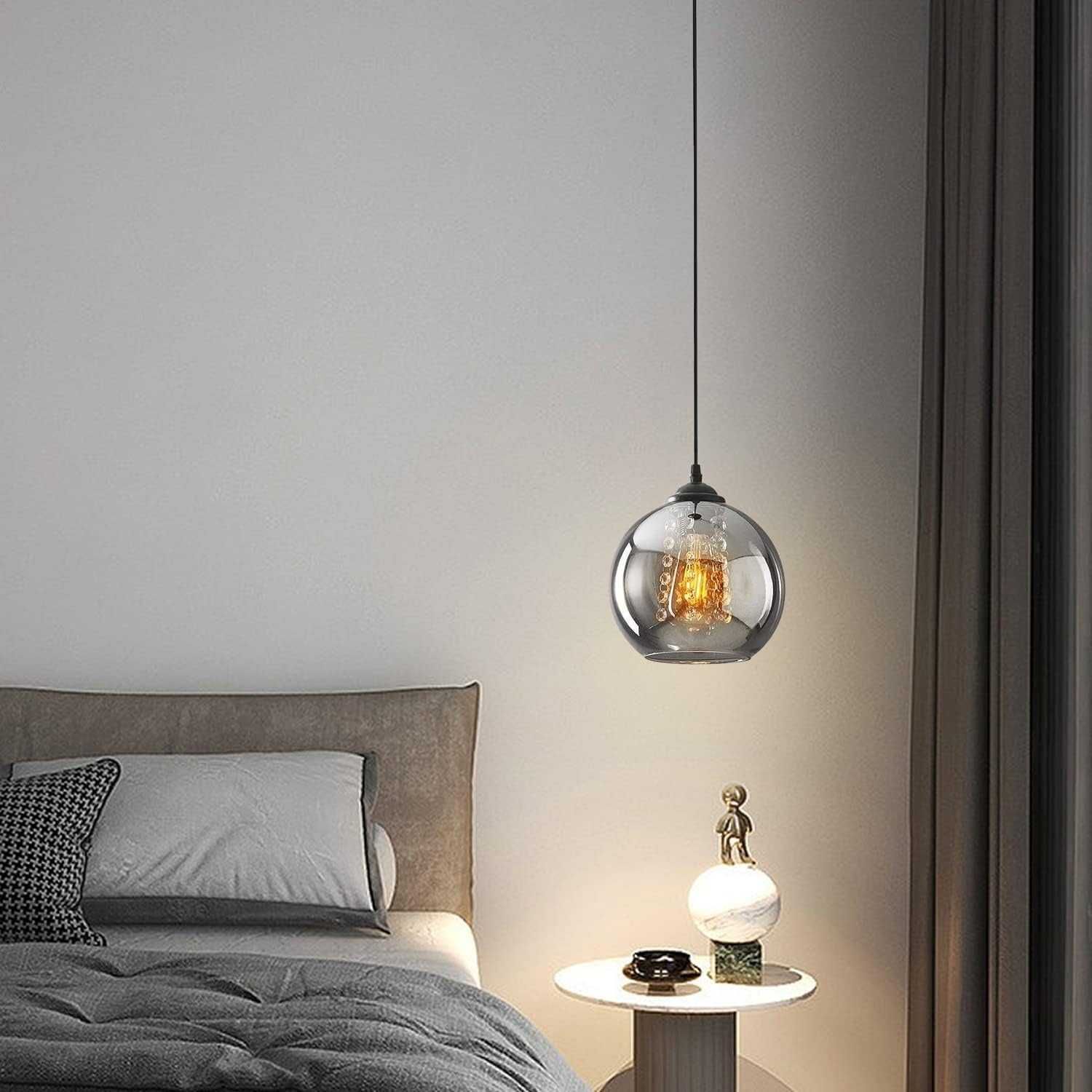 Lampa wisząca szklana okrągła szkło dymione kryształy 608