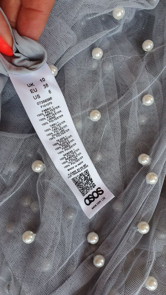 Asos śliczna sukienka zdobiona perłami tiulowa na jedno ramię M