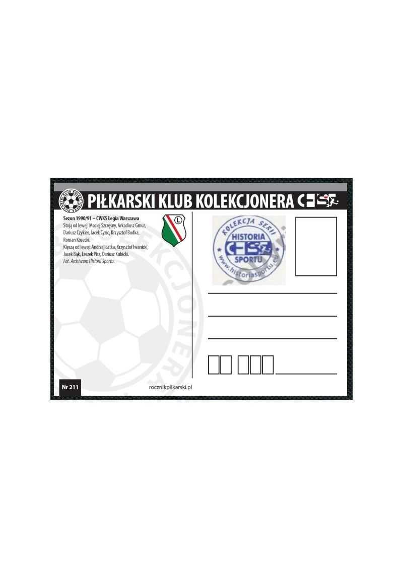 Pocztówka - Sezon 1990/91 CWKS Legia Warszawa
